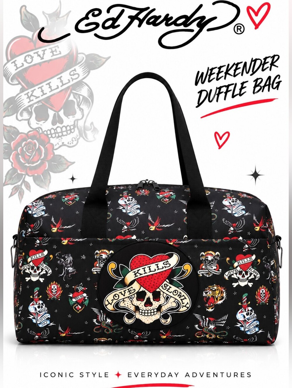 Ed Hardy Black Tattoo Love Kills Slowly Weekender Duffel Bag Y2K - NWT